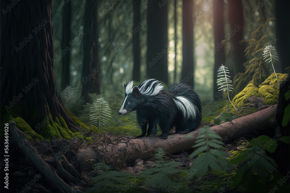 Poster a badger is walking through a forest with trees and ferns on the ground and a log in the foreground,
