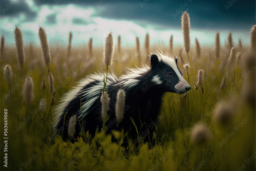 Aufkleber a painting of a badger in a field of tall grass with a cloudy sky in the background and a dark cloud