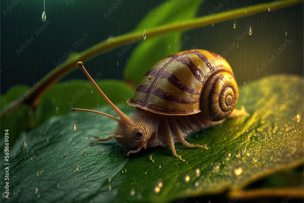 Poster a snail is sitting on a green leaf in the rain with drops of water on it's back end and its shell is