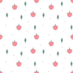 Cute hand drawn harvest theme seamless vector pattern. Kawaii background with apples, leaves, polka dots for kids room decor, nursery art, wrapping paper, fabric, gift, textile, wallpaper, apparel.