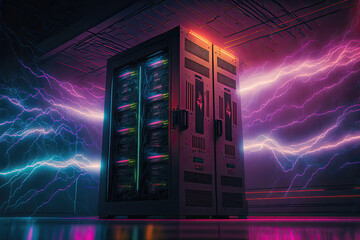 Futuristic Data Center: Room server Ultra-Detailed Circuit Design with Cyberspace and Bright Color Elements. Generative AI