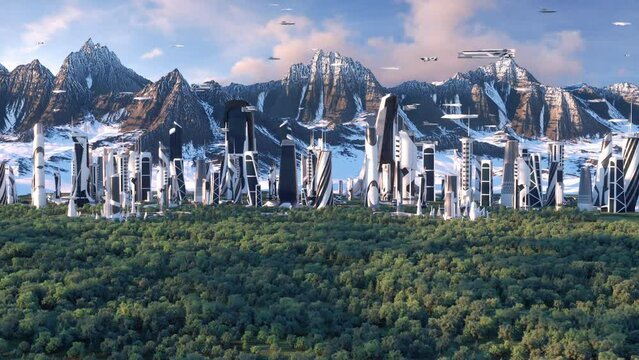 Exoplanet Futuristic City with Flying Spaceships Fixed Cam, forest and mountain landscape