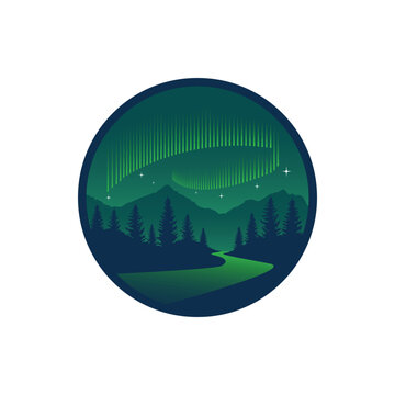 Illustration of Green aurora light with mountain tree river environment design for badge, sticker, logo