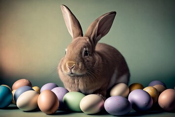 Fototapeta na wymiar Cute bunny surrounded by easter eggs. Generative AI.