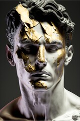 Kintsugi, golden joinery, japanese art of fixing broken things, emotions, feelings, marble statue male protrait, generative ai