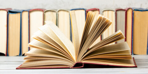 Vintage old hardback books. Education background. Back to school. Copy Space.