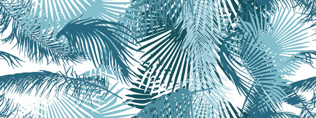 Tropical leaves pattern. Seamless texture with banana leaves and palm tree leaf. Banner for the travel and tourism industry, summer season. Blue floral design element, print for fabrics.