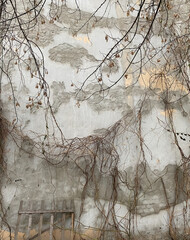 Winter in the park. Wall of an old abandoned house with dry branches. 