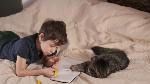 preteen boy writes in a notebook lying on the bed in the bedroom, a cat lies nearby and watches him