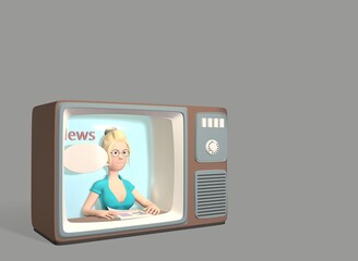 News broadcast on tv. A girl presenter. Reading news. 3d-rendering