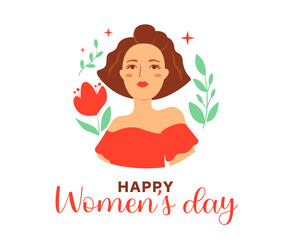 Happy women day design. The portrait girl and lettering