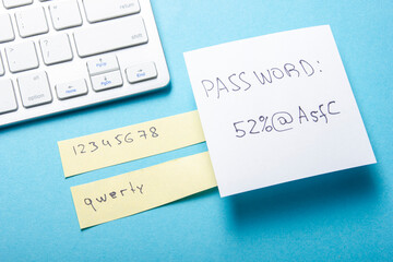 Strong and weak password on pieces of paper. Password security and protection.