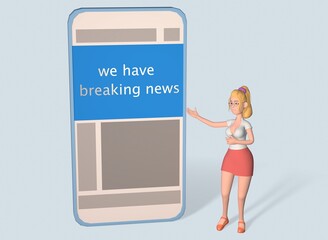 A girl standing next to a big phone. Reading news. 3d-rendering