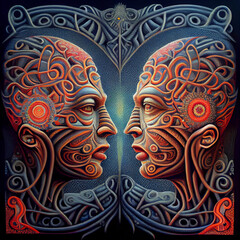 Abstract portrait with two heads, duality, autoscopy, out-of-body experience, trippy illustration
