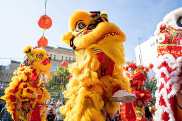 Dragon and lion dance show in chinese new year festival (Tet festival ), lion Dance - dragon and...