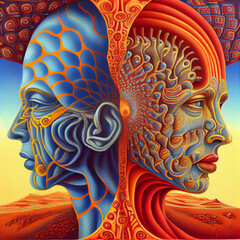 Abstract portrait with two heads, duality, autoscopy, out-of-body experience, trippy illustration