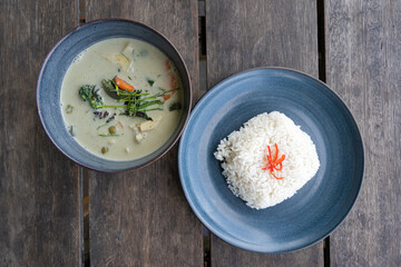 Top down view of a Thai Green Vegetable Curry with rice