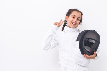 Little girl fencer with epee and mask