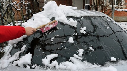 brushing the windshield of a car with a brush after a snowfall, eliminating the consequences of a snow storm when using personal transport at home, a man cleans a car window from snow with a brush