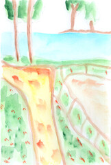 Summer landscape in the park. Watercolor, art decoration, sketch. Illustration hand drawn modern