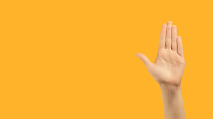 Stop gesture. No sign. Restriction rejection. Raised female hand palm warning with nope enough signal on orange copy space background.