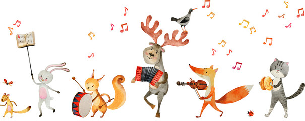 Cute cartoon animal marching band illustration. Watercolor cheerful funny musicians, bear, hare, fox isolated on white. Kids party card, greeting, banner, print, poster - obrazy, fototapety, plakaty