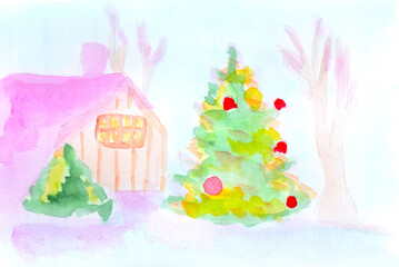Winter landscape, christmas tree, house, architecture. Watercolor, art decoration, sketch. Illustration hand drawn modern