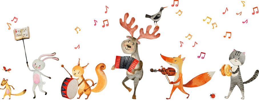 Cute Cartoon Animal Marching Band Illustration. Watercolor Cheerful Funny Musicians, Bear, Hare, Fox Isolated On White. Kids Party Card, Greeting, Banner, Print, Poster