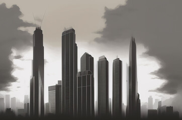 Fototapeta na wymiar Generative AI panoramic view painting, silhouette of modern skyscrapers buildings. Black and white