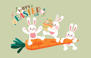 Cute White Bunny With Giant Carrot, Easter Day, Vector, Illustration, Banner