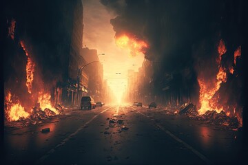 A burned city street with no life generative ai apocalyptic scene - obrazy, fototapety, plakaty