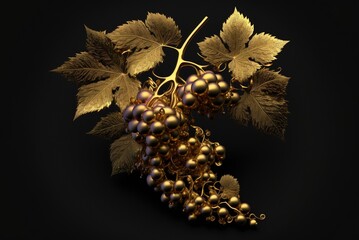 Golden grapes on a dark black background created with Generative AI technology