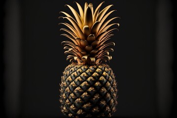 Golden pineapple fruit on a dark black background created with Generative AI technology