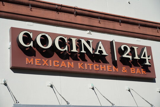 WINTER PARK, FLORIDA, USA - January 2, 2022: View of the Cocina 214 Sign Facade a contemporary Mexican and Tex-Mex kitchen. Photo image