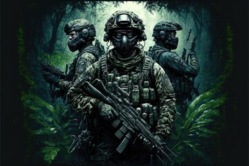 jungle Special Forces Military Unit in Full Tactical Gear in the desert, generative ai forest scene