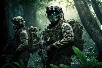 Fototapeta premium jungle Special Forces Military Unit in Full Tactical Gear in the desert, generative ai forest scene