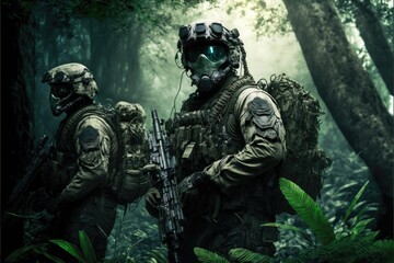 jungle Special Forces Military Unit in Full Tactical Gear in the desert, generative ai forest scene