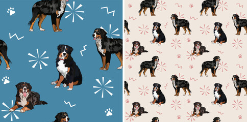 Seamless Berner Sennenhund dog blue and beige pattern, holiday texture. Square format, poster, packaging, textile, socks, textile, fabric, decoration, wrapping paper. Hand-drawn Bernese Mountain.