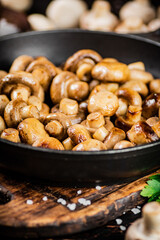 Frying pan with fried small mushrooms with parsley. 