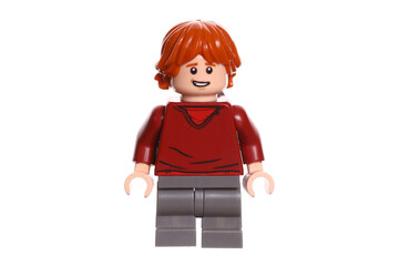 Naklejka premium Russia Vyborg 01.22.2023 Lego figure Ron Weasley isolated on white background