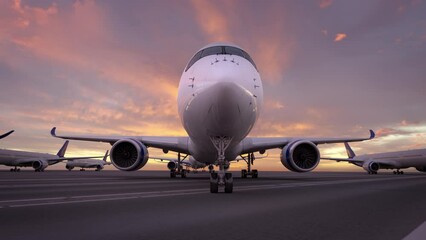 Closeup on airplanes parked in airport road area, many aeroplanes not moving during dusk with sun behind clouds.