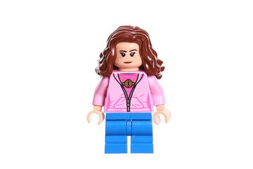Fototapeta premium Russia Vyborg 01.22.2023 Lego figure Hermione Granger in a pink sweater isolated on a white background.