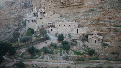 Fototapeta na wymiar The Monastery of Saint George of Choziba in Wadi Qelt in Area C of the eastern West Bank in the Jericho Governorate of the State of Palestine in the month of January