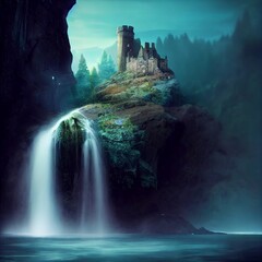 Fototapeta na wymiar cliffside castle with a spectacular waterfall. generative ai