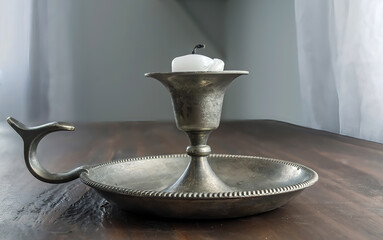 An old candle holder with a muted background.
