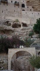 The bridge to the Monastery of Saint George of Choziba in Wadi Qelt in Area C of the eastern West Bank in the Jericho Governorate of the State of Palestine in the month of January