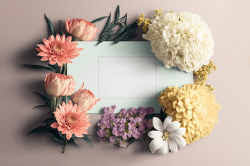 Blank greeting card template with beautiful flowers around. White paper card. Valentines day illustration. Generative AI