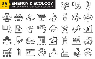 Set of icons Energy & Ecology thin line simple perfect. Vector illustrations.