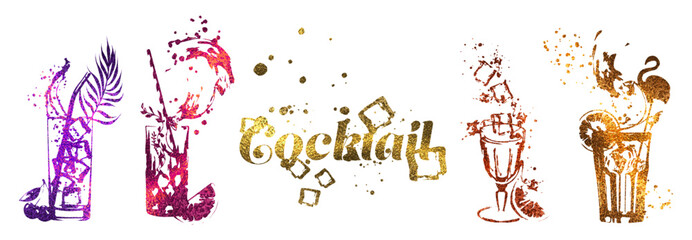 Set of cocktail glasses - Cocktail bar menu. Vector elements for restaurant and cafe. Design template with different colorful cocktails.