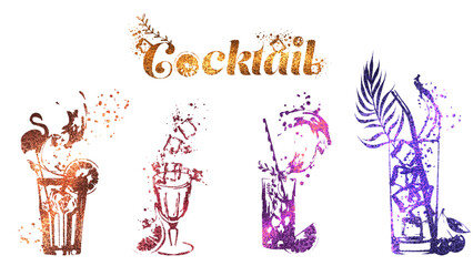 Set of cocktail glasses - Cocktail bar menu. Vector elements for restaurant and cafe. Design template with different colorful cocktails.